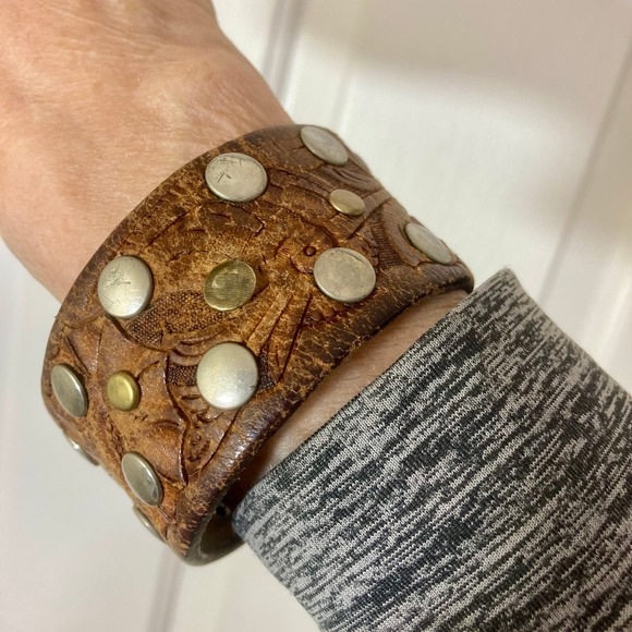 One Redone Jewelry - Remade western belt leather cuff bracelet vintage tooled studded upcycle jewelry